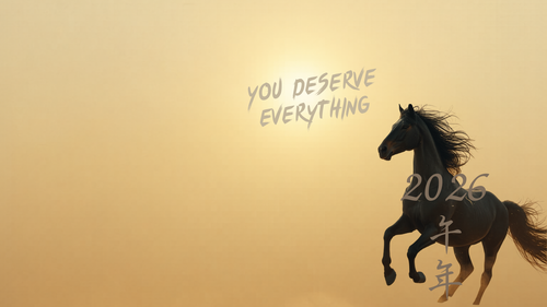Golden Desert Galloping Horse - 2026 First Edition, motivational text overlay, Est. 2026 - Atelier Yume