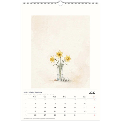 April 2027 Japandi wall calendar with watercolour daffodils in a glass vase and a sleeping sheep.
